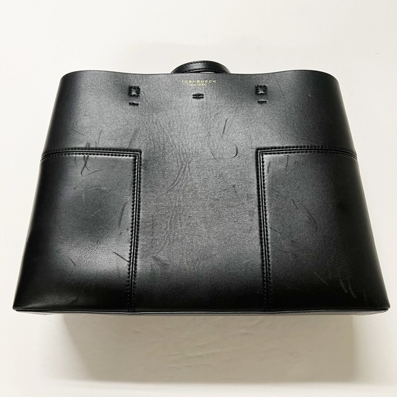 Tory Burch New York Womens Black Leather Structured Large Block T Tote - Picture 2 of 11